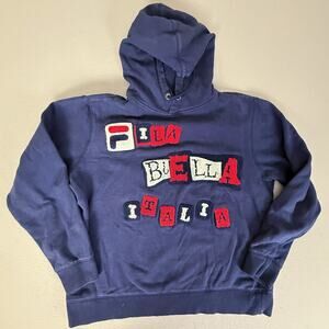 FILA Bella Italia Pullover Hoodie Navy Chenille Patch Spellout Men’s Large